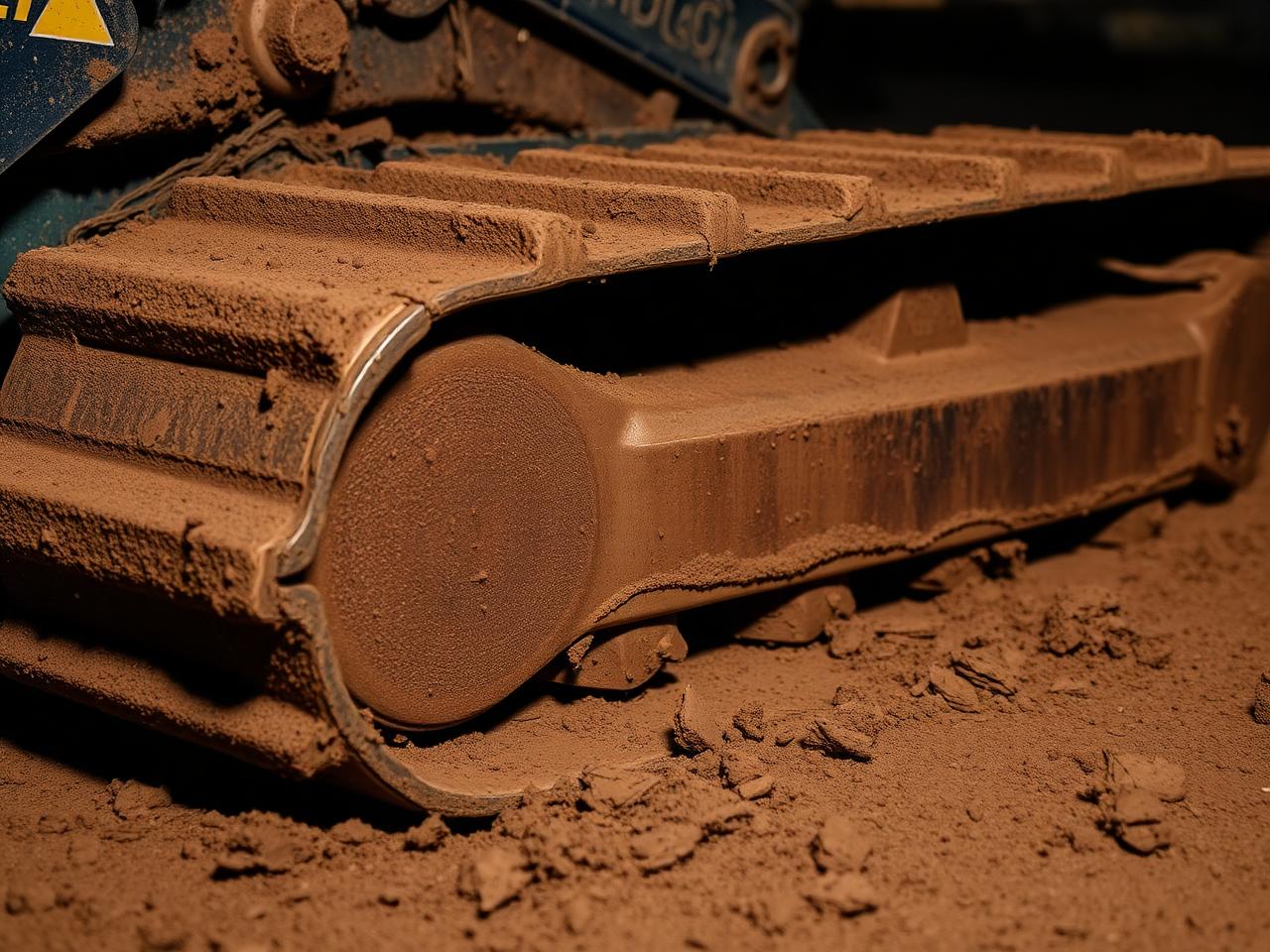 Bulldozer track caked in clay soil